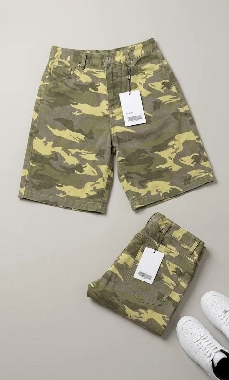 Unisex / Women's High-Waisted Camo Denim Shorts