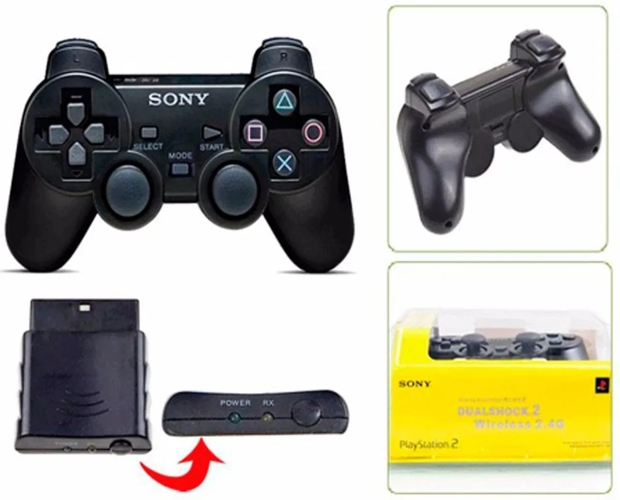 SONY PlayStation2 Dualshock 2 Controller Wireless 2.4G  Gamepad (Black, For PS2)