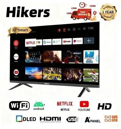 Hikers 32''Inches HD Frameless Smart Digital LED TV with Android 14 + T2/S2 + 12 Months Warranty - Black