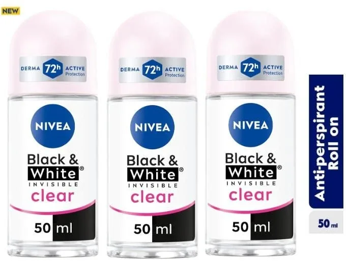 NIVEA Black & White Invisible Clear Anti-Perspirant Roll-on For Women 72h - 50ml (Pack Of 3)