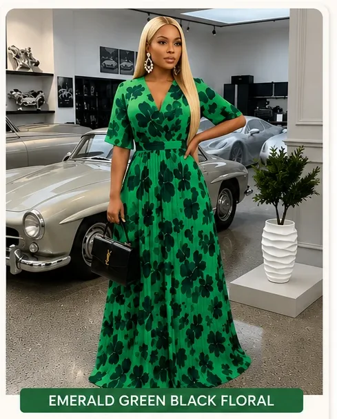 Women's Floral Print Pleated Maxi Dress