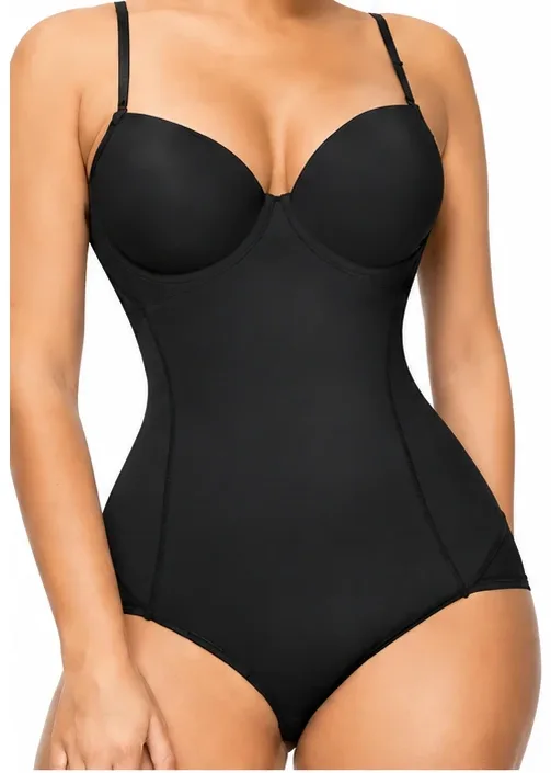 Black women’s shapewear bodysuit designed to provide a smooth, sculpted silhouette.
