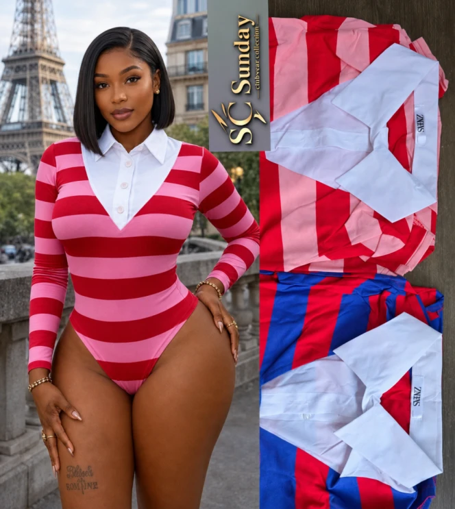 Women’s Striped Long - Sleeve Polo Bodysuit – Pink, Red & White